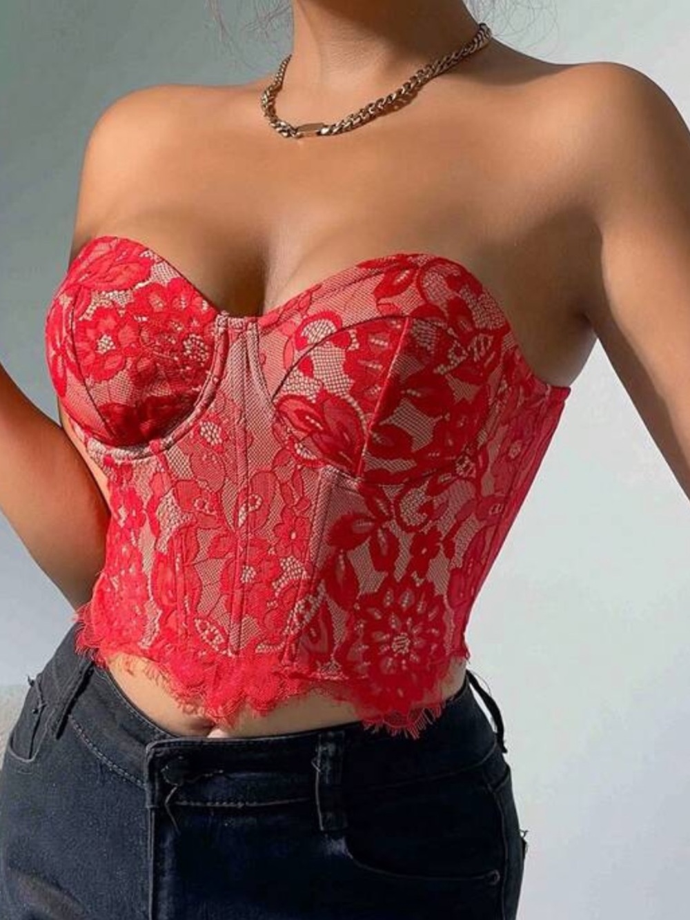 Strapless Red Floral Lace Corset Bustier Top